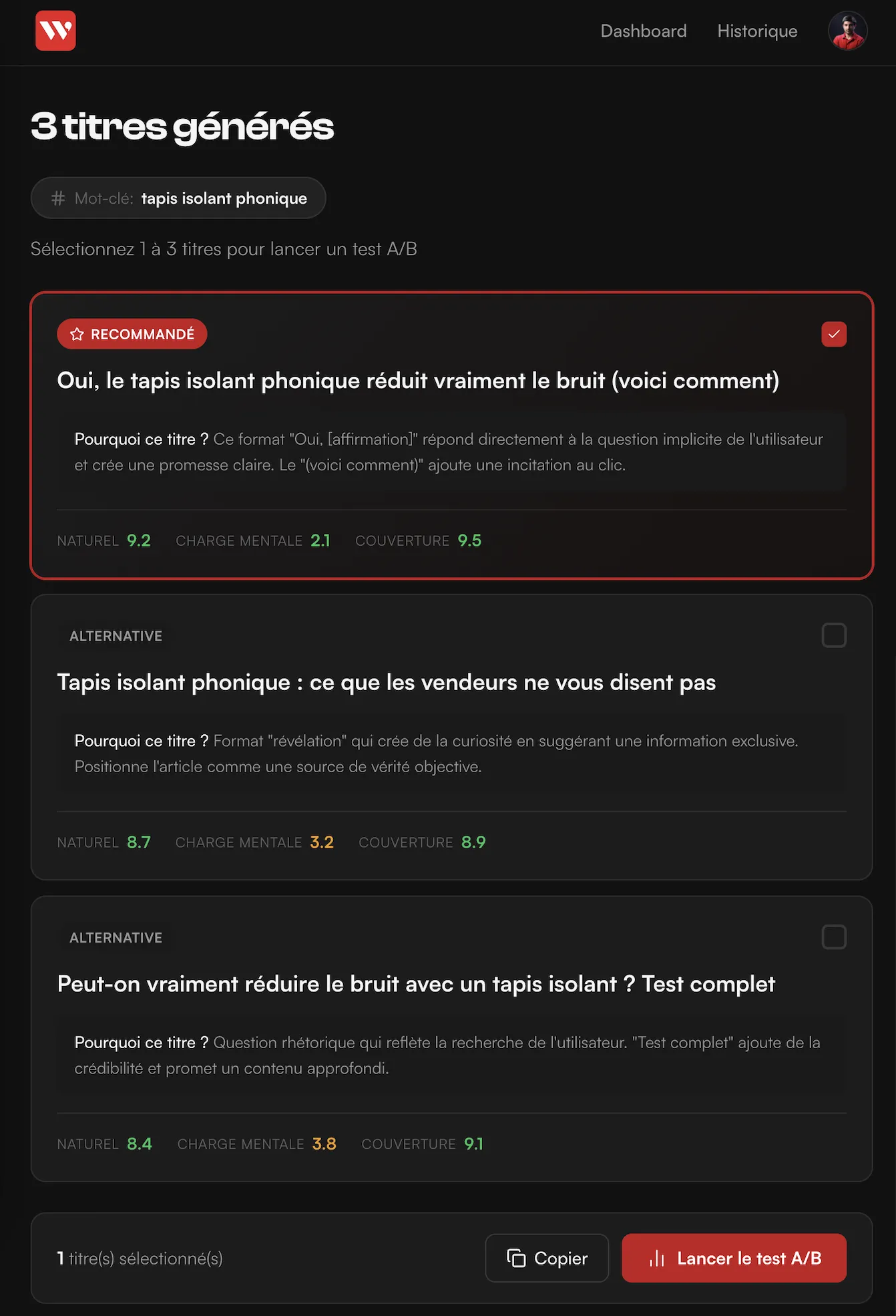 Interface Wytt montrant 3 titres SEO générés avec leurs scores